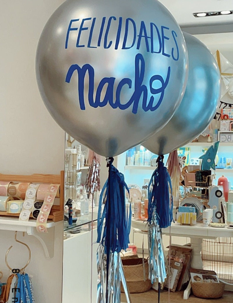 Globo L hinchado plata tassel y Lettering azul <br> (sólo Barcelona)</br>