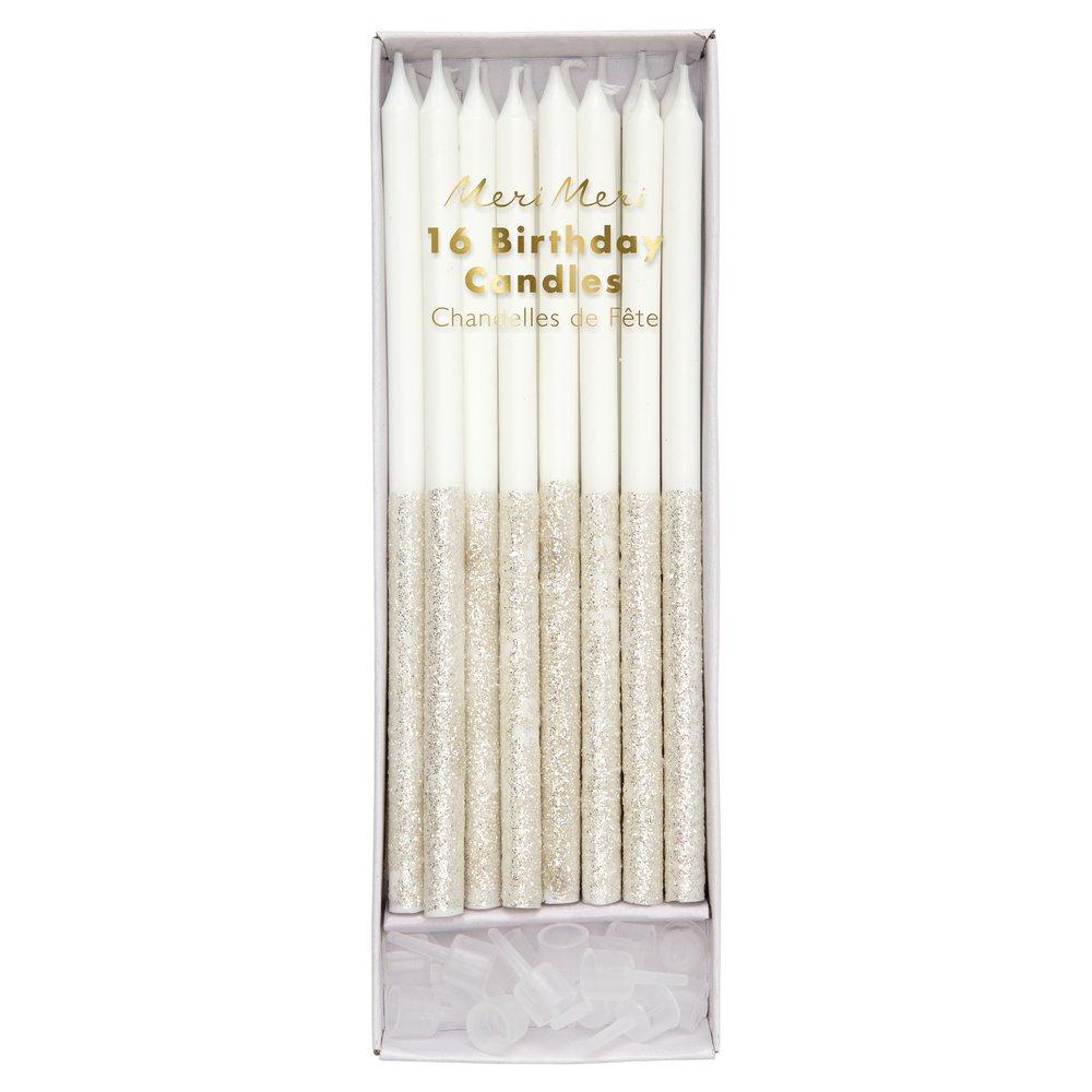 Velas glitter plata / 16 ud.