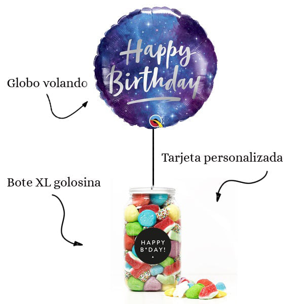 WOW BOX Cumpleaños Galaxy, golosinas y mensaje personalizado.