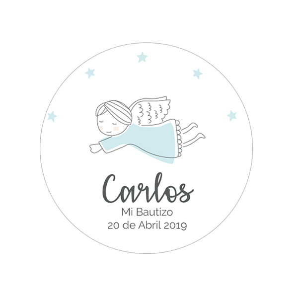 Pegatina personalizada Bautizo Ángel Azul / 12 uds.