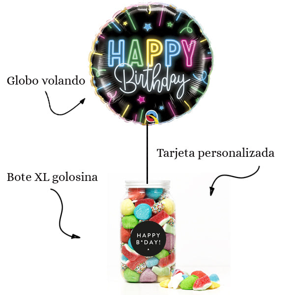 WOW BOX Cumpleaños NEON, golosinas y mensaje personalizado.