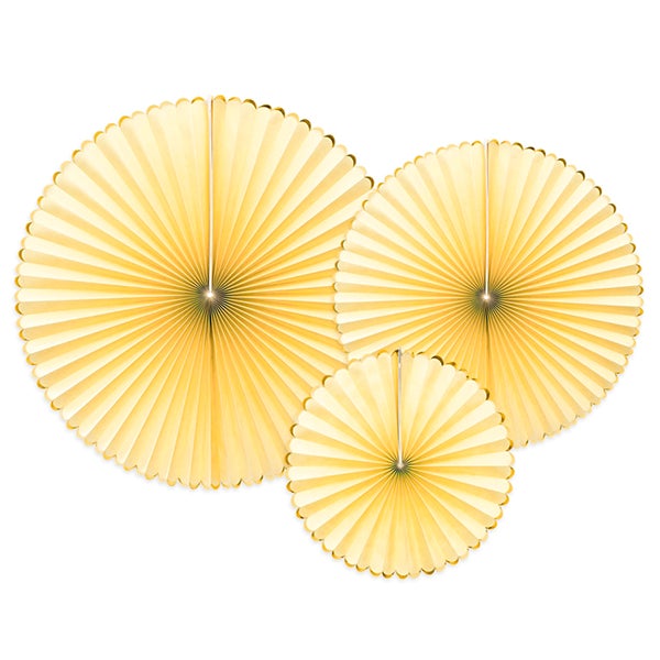 Kit abanicos cartón amarillo borde dorado