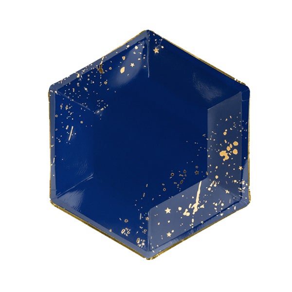 Plato hexagonal azul noche manchas dorado / 6 uds.