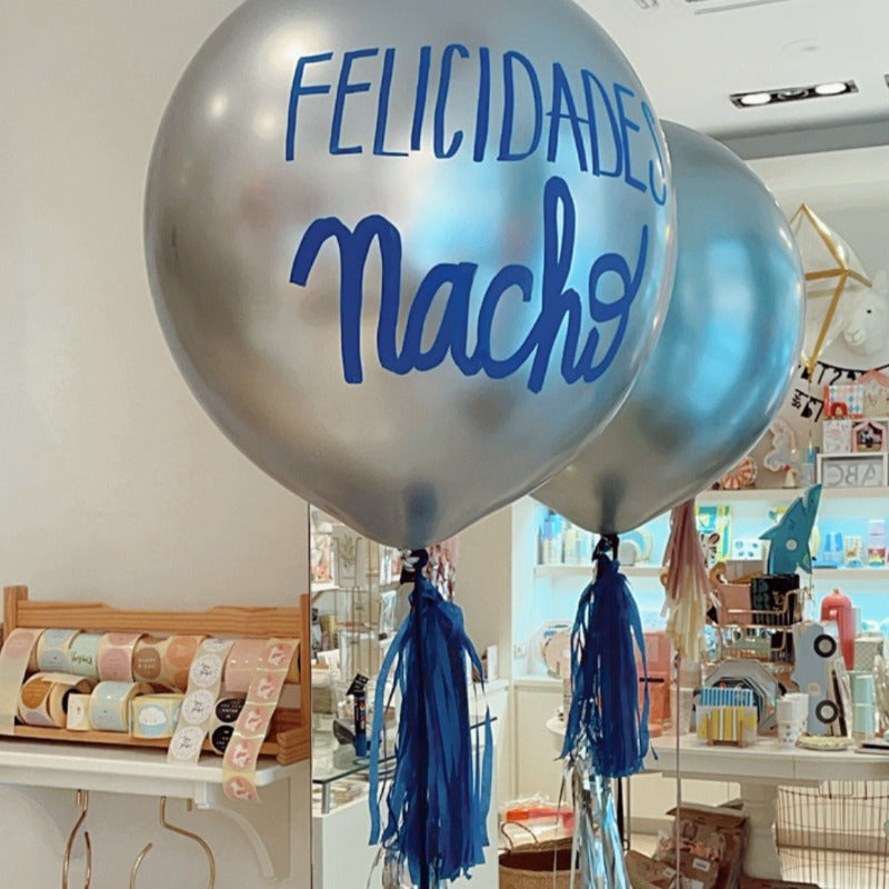 Globo L hinchado plata tassel y Lettering azul <br> (sólo Barcelona)</br>