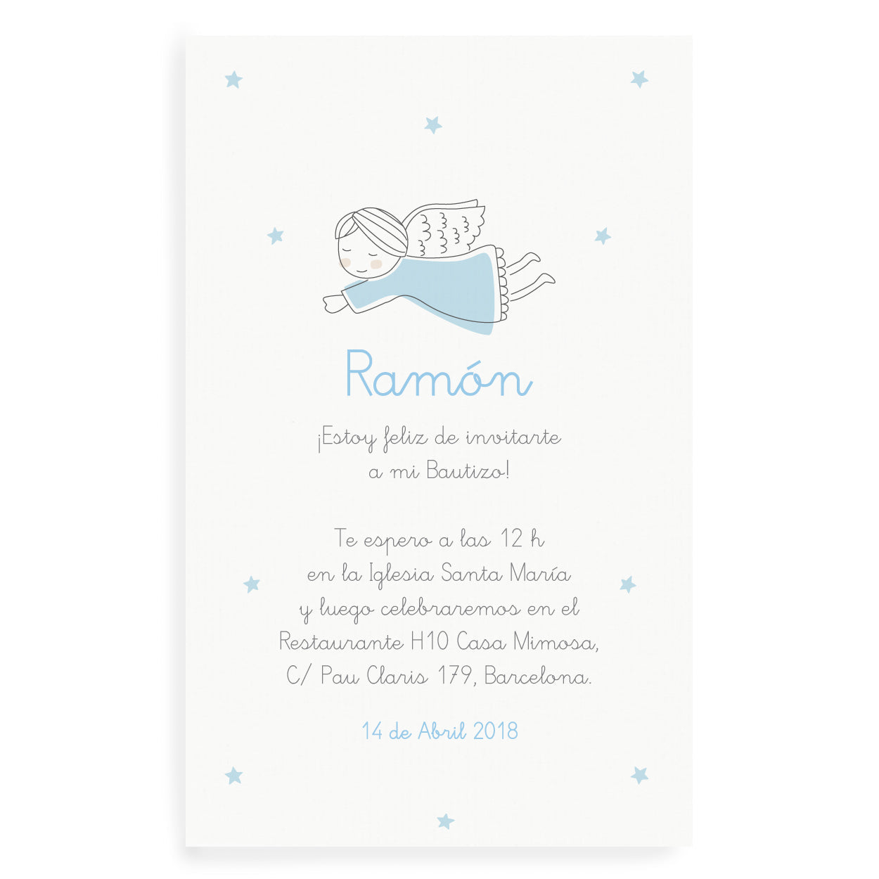 Invitaciones bautizo ángel azul personalizadas