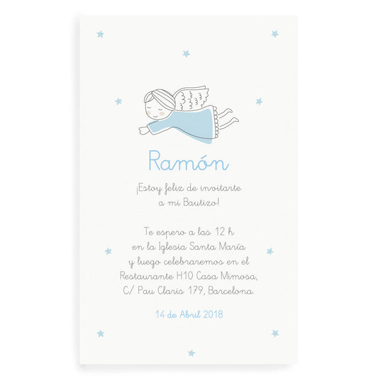 Invitaciones bautizo ángel azul personalizadas
