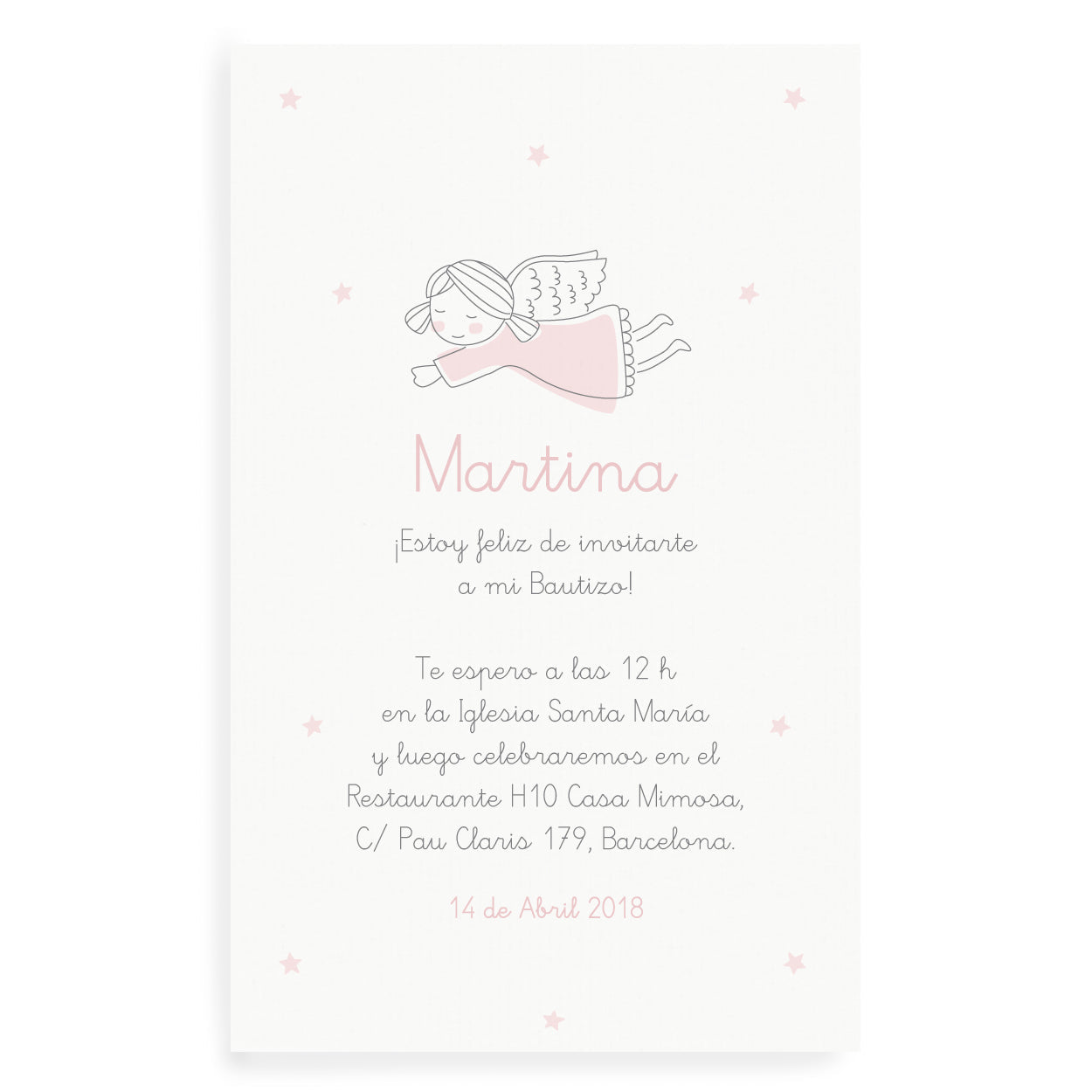 Invitaciones bautizo ángel rosa personalizadas