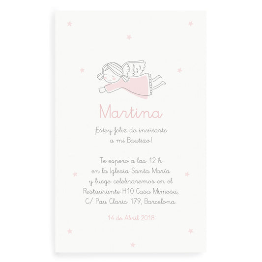 Invitaciones bautizo ángel rosa personalizadas