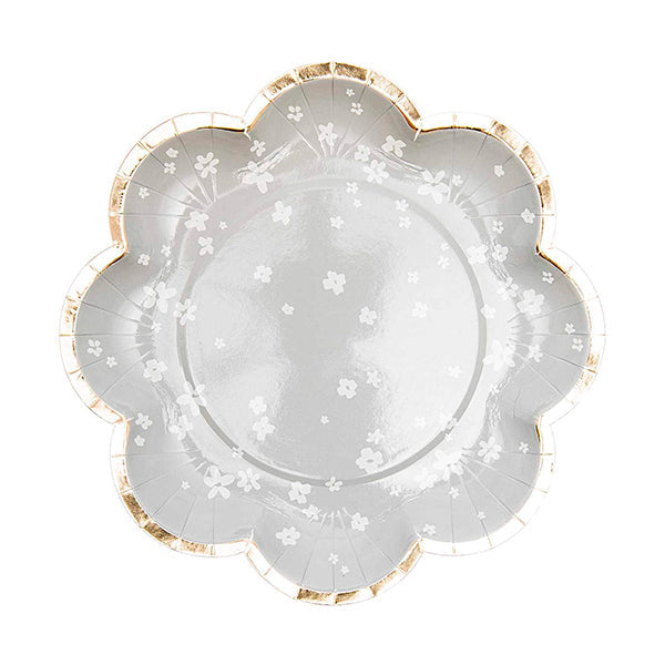 Plato postre gris con flores blancas / 12 uds.
