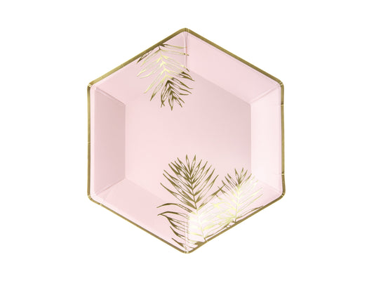Platos hexagono rosa palmeras