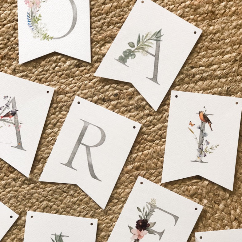 Guirnalda banderines letras pajaritos