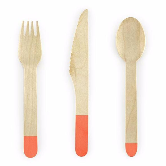 Set cubiertos eco de madera naranja 6 pax / 18 piezas