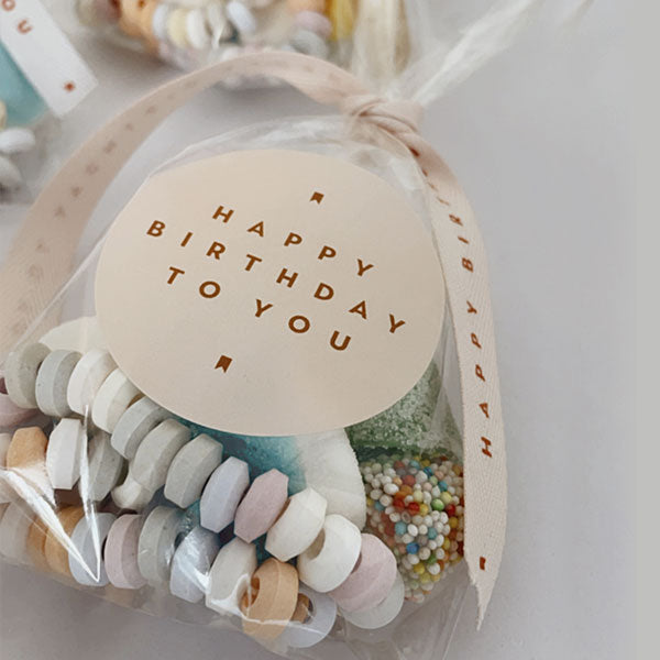 Bolsita golosinas cinta tela Happy Birthday