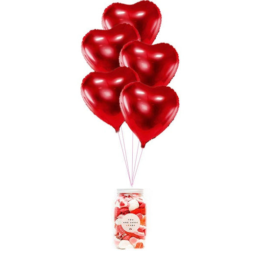 Bouquet globos rojos corazón hinchados bote de chuches<br> (solo Barcelona)