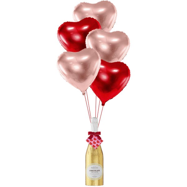 Bouquet mix globos corazón con botella de chocolate<br> (sólo Barcelona)