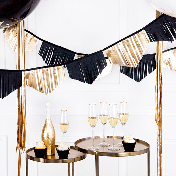 Guirnalda tassel negro y dorada brillo