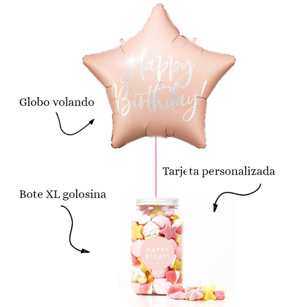 WOW BOX estrella rosa, golosinas y mensaje personalizado.