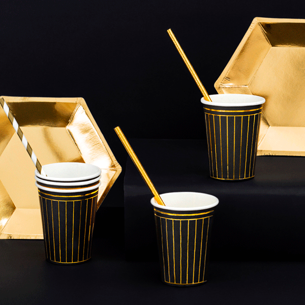 Vasos negros rayas doradas / 6 uds.