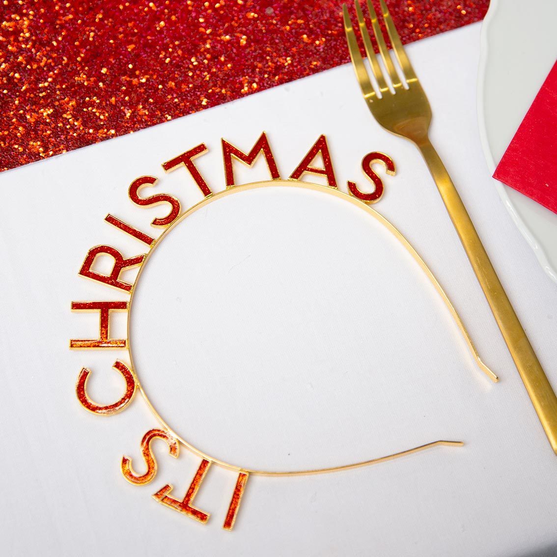 Diadema It's Christmas  glitter rojo