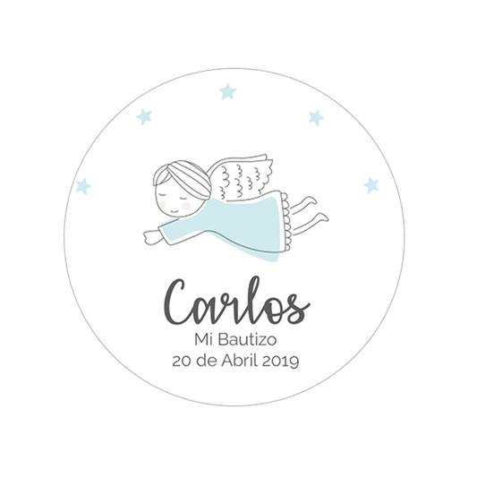 Pegatina personalizada Bautizo Ángel Azul / 12 uds.