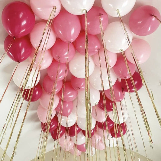 Globos techo tonos rosas con cintas foil hinchados con helio <br> (solo Barcelona)