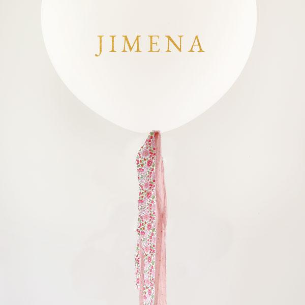 Globo L Látex Bio blanco hinchado con telas Liberty rosa y Lettering <br> (solo Barcelona)</br>