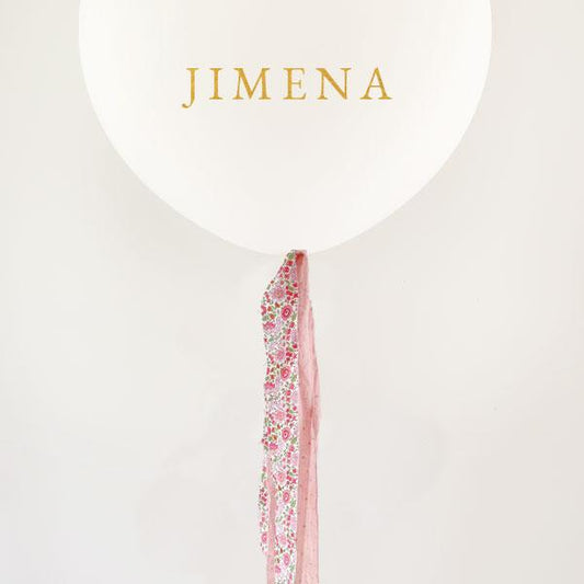 Globo L Látex Bio blanco hinchado con telas Liberty rosa y Lettering <br> (solo Barcelona)</br>