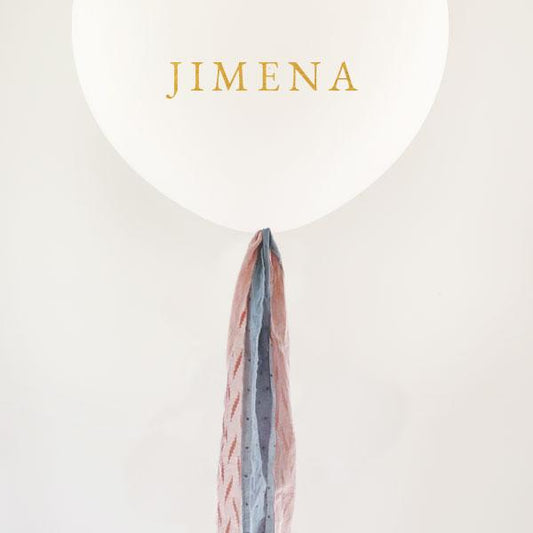 Globo L Látex Bio blanco hinchado con plumeti rosa y celeste y Lettering <br> (solo Barcelona)</br>