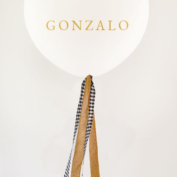 Globo L Látex Bio blanco hinchado con tela vichy y mostaza y Lettering <br> (solo Barcelona)</br>