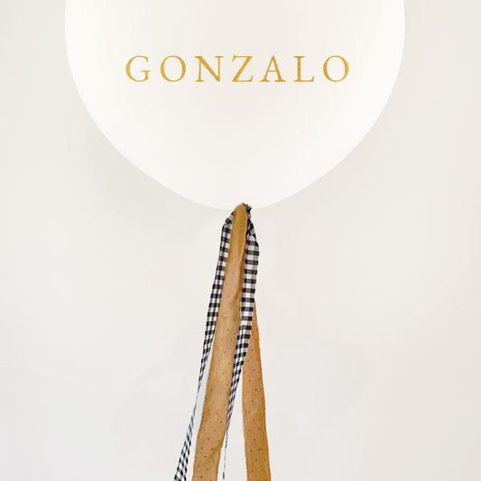 Globo L Látex Bio blanco hinchado con tela vichy y mostaza y Lettering <br> (solo Barcelona)</br>