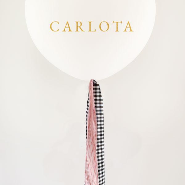 Globo L Látex Bio blanco hinchado con plumeti vichy y rosa y Lettering <br> (solo Barcelona)</br>