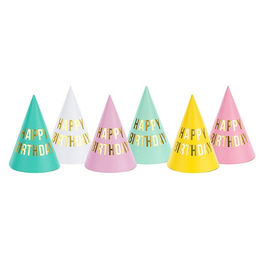 Gorros de fiesta mix pastel Happy Birthday / 6 uds.