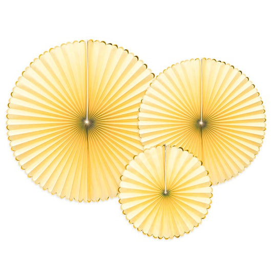 Kit abanicos cartón amarillo borde dorado