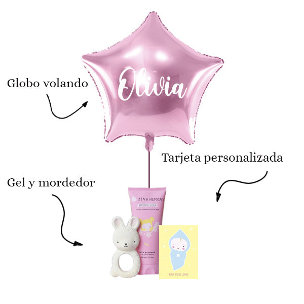 WOW BOX Canastilla bebé, globo y tarjeta personalizado rosa