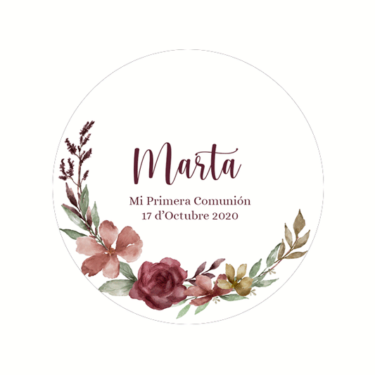 Pegatina personalizada flores burdeos / 12 uds.