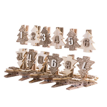 Pinzas madera natural glitter Calendario de Adviento / 24 uds.