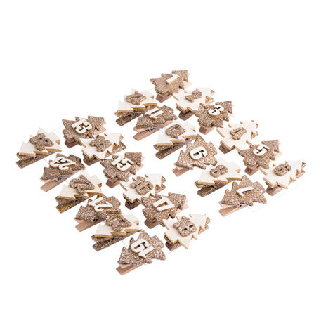 Pinzas madera natural glitter Calendario de Adviento / 24 uds.