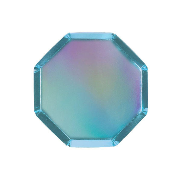 Plato octogonal holográfico azul / 8 uds.