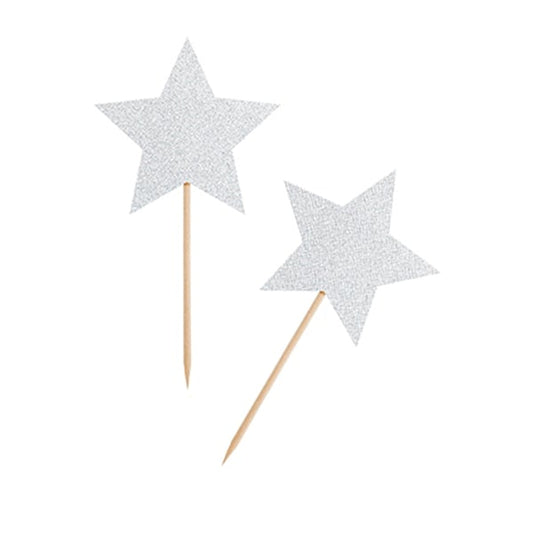 Pinchos estrella purpurina plata / 6 uds.