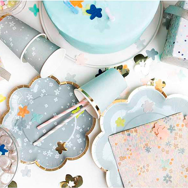 Plato postre gris con flores blancas / 12 uds.