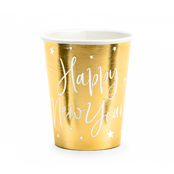 Vasos dorado brillo Happy New Year / 6 uds.
